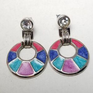 Vintage Colorful Enamel Wheel Dangle Earrings, Silver Tone Setting, Retro 80s